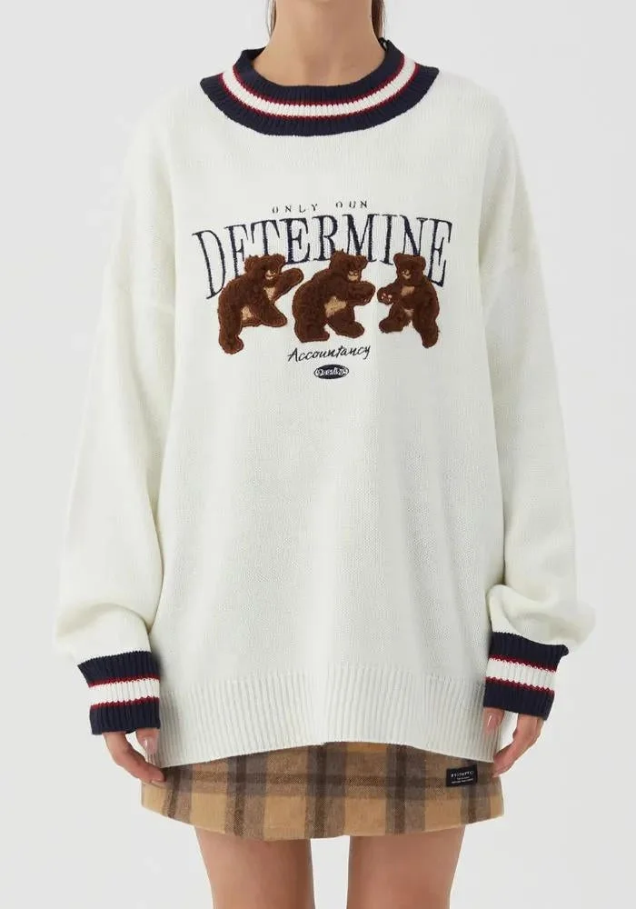 Brownm Teddy Embroidered Knitted Sweater