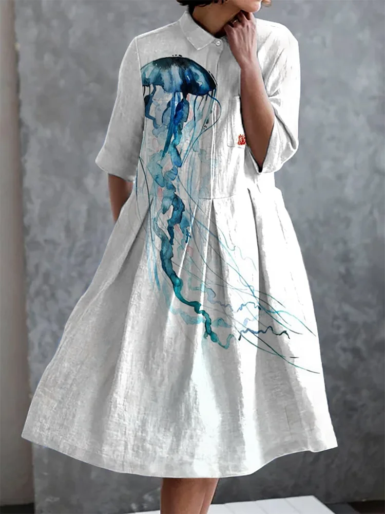 Ocean Jellyfish Print Casual Elegant Pocket Half Sleeve Dress