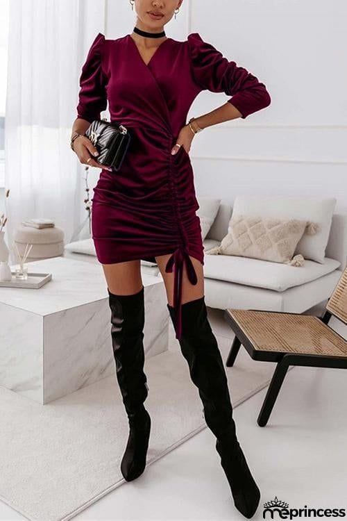Velvet Drawstring Puff Sleeve Dress