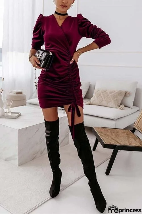 Velvet Drawstring Puff Sleeve Dress