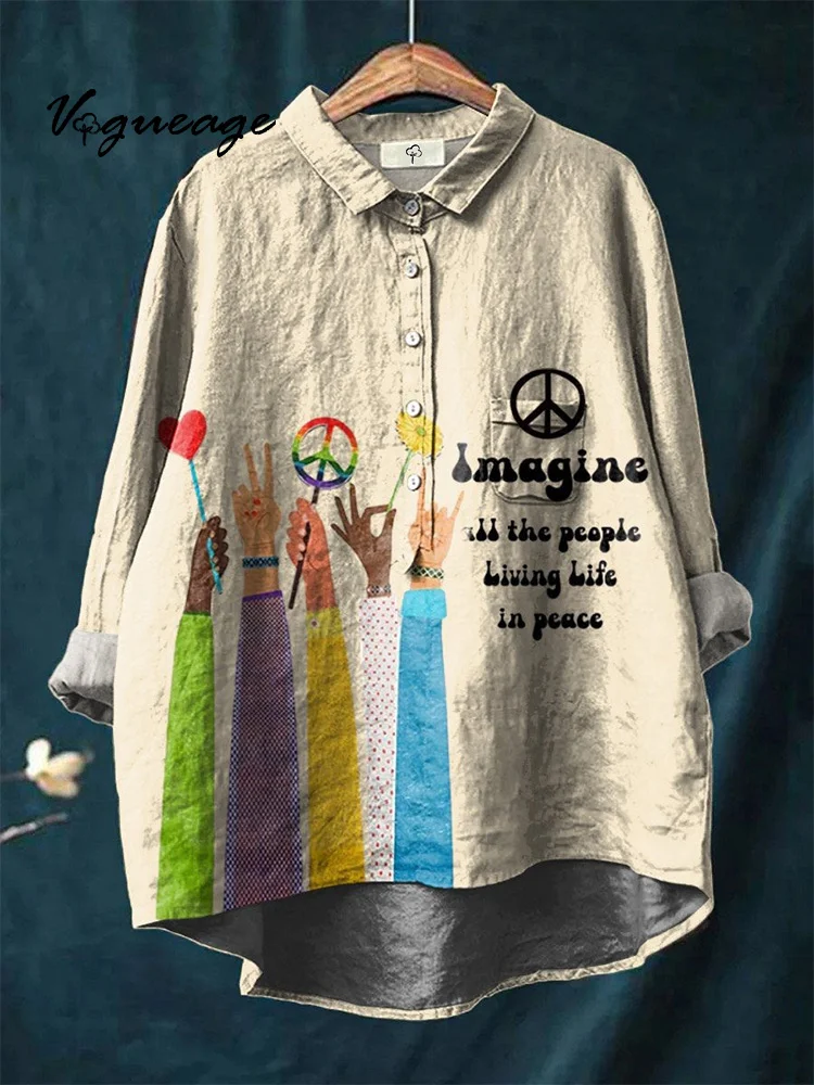 Simple Hand Drawn Character Gesture Peace Print Cotton And Linen Shirt