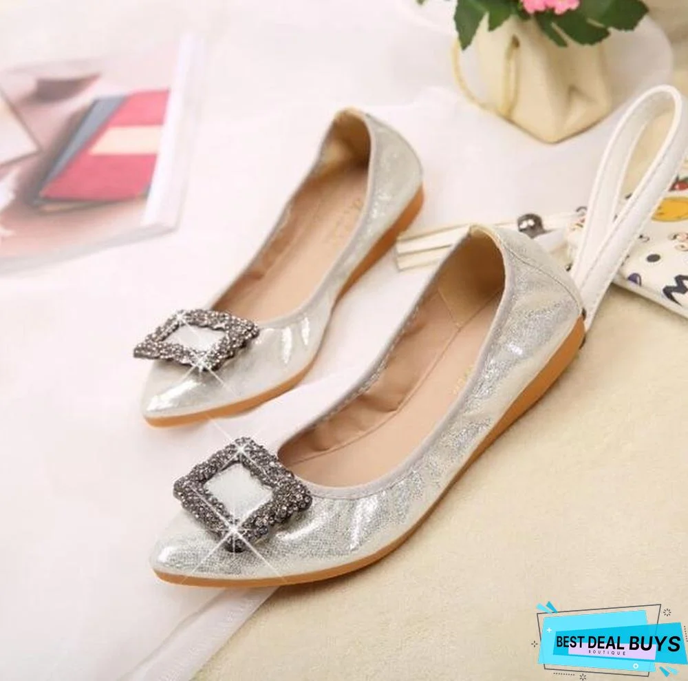 Crystal Ballet Flat Shoes Rhinestone Women Butterfly Pointed Toe Golden Shoes Flats