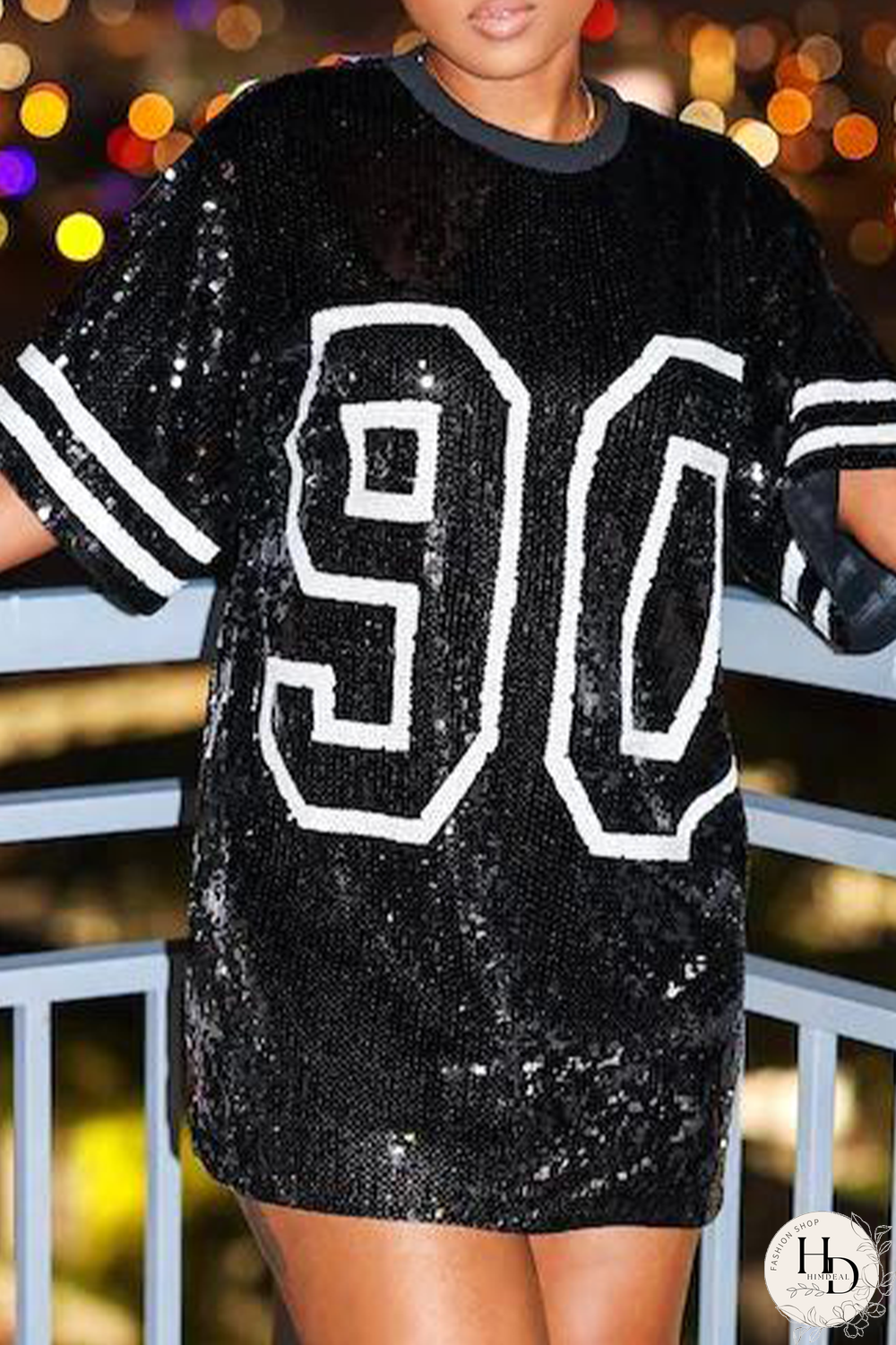 Black Casual Patchwork Sequins O Neck Straight Dresses