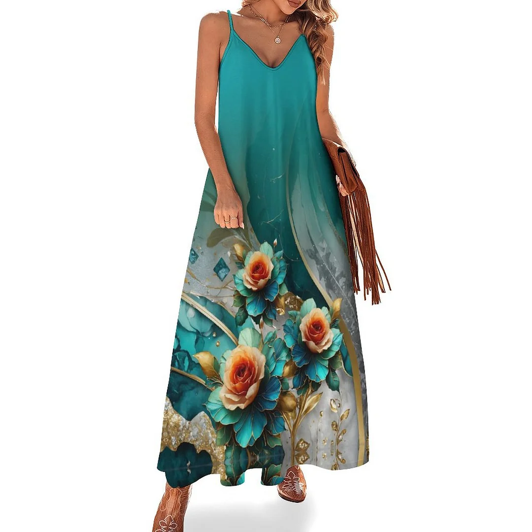 Style & Comfort for Mature Women Plus Size Printed Sling Casual Women Maxi Dress in Pattern Turquoise, Floral, Rose