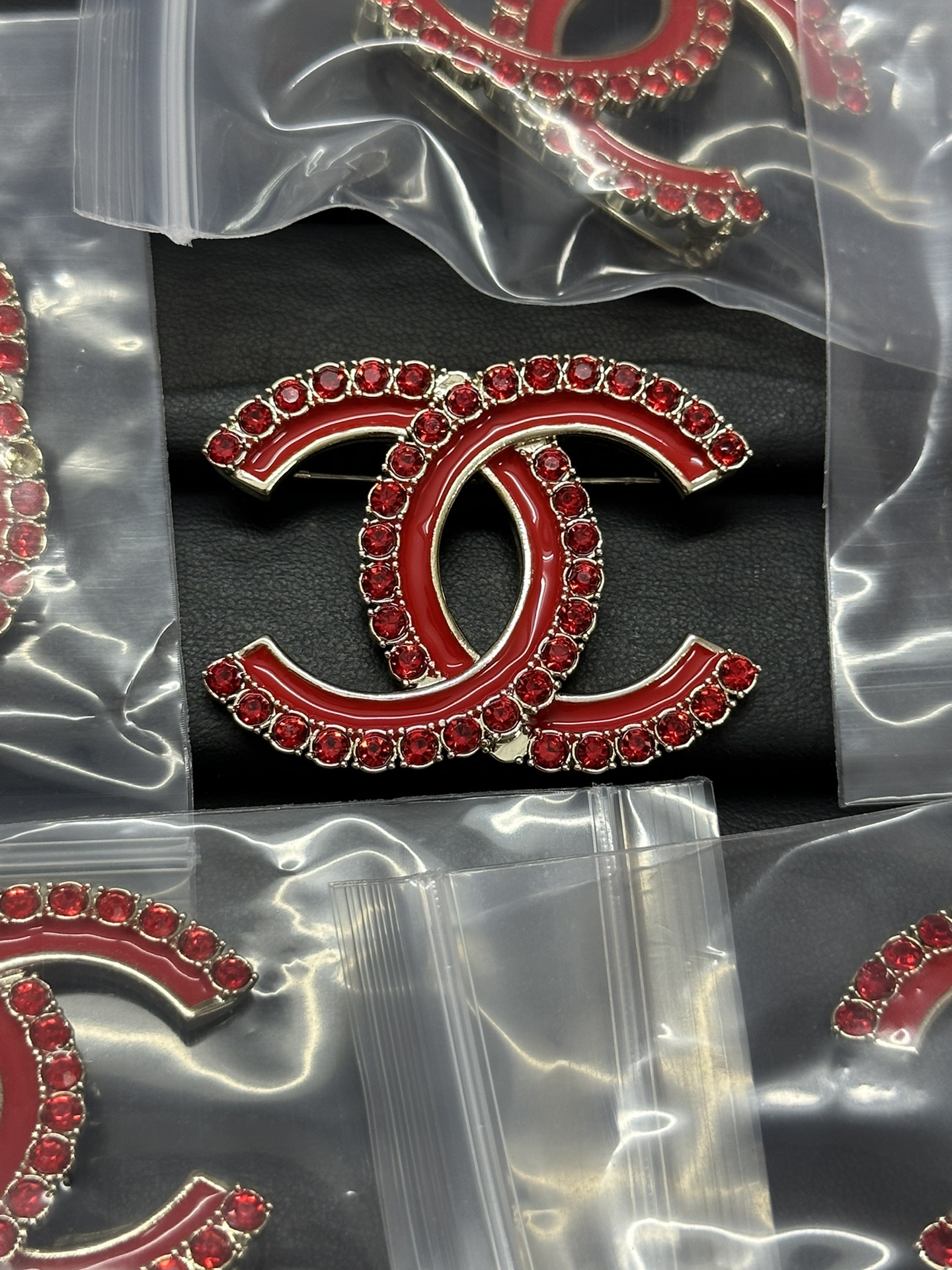 Chanel Red Enamel Rhinestone CC Brooch