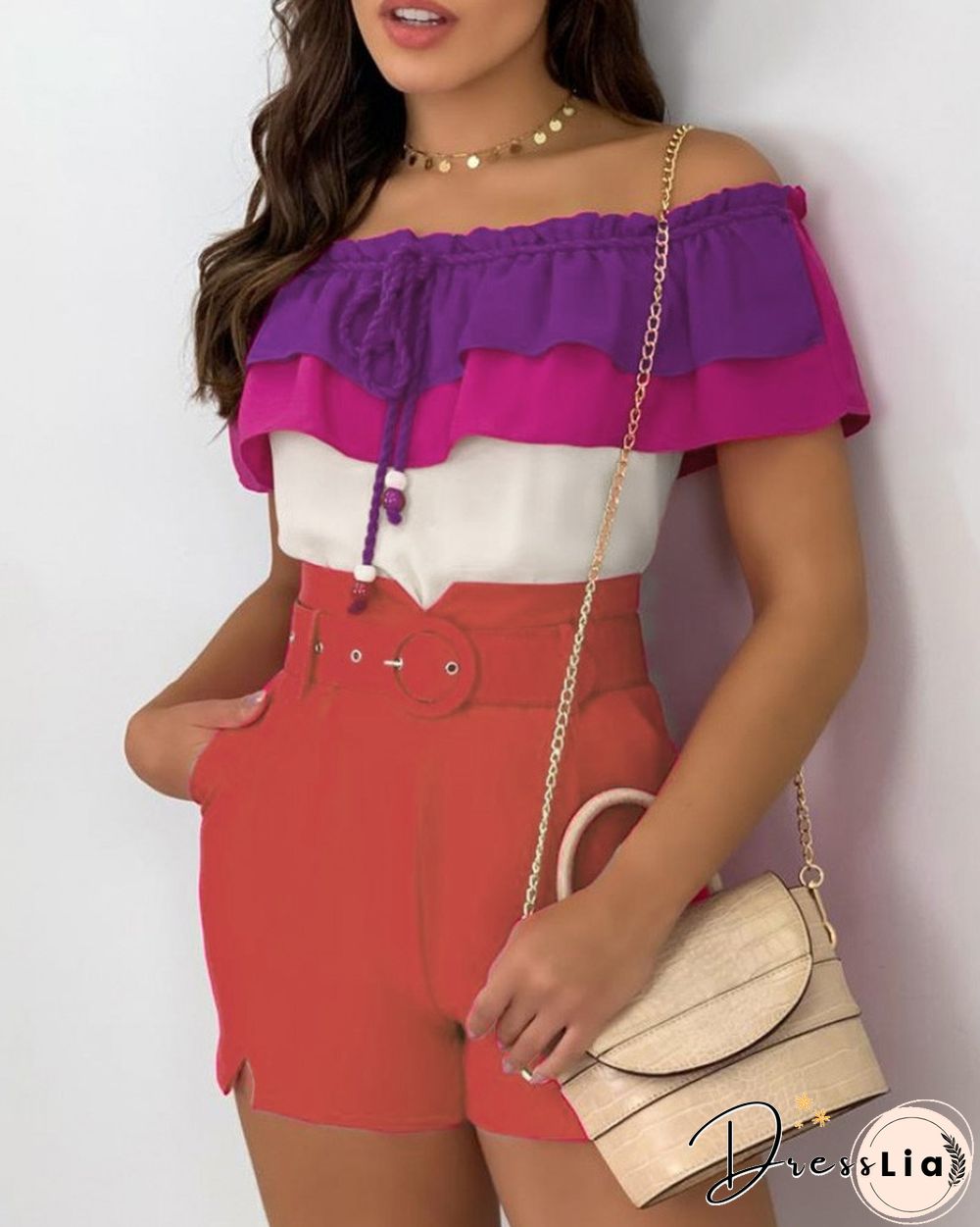 Clorblock Ruffles Drawstring Top & Pocket Design Shorts Set