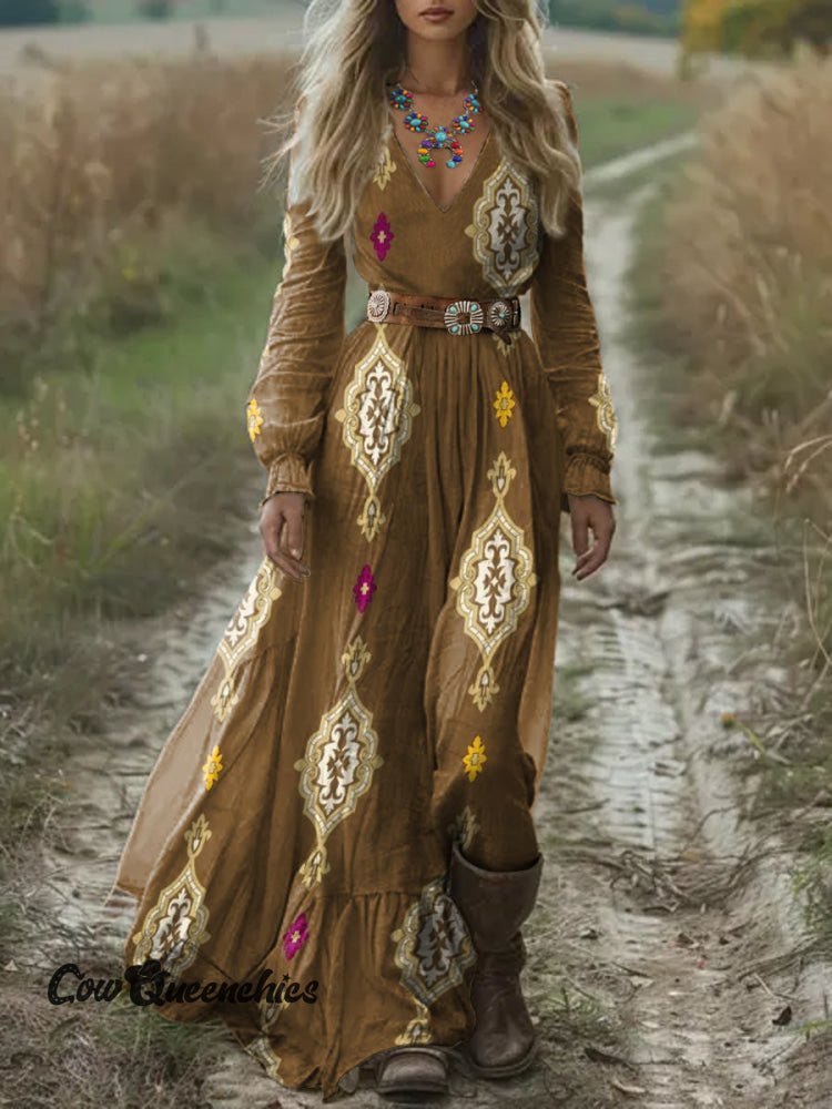 Women’s Vintage Aztec Art Print Pocket Cotton Dress Multicolor / S