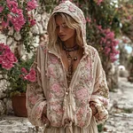 Bohemian Style Pink Rose Vintage Zip-up Cardigan Hoodie - Image 2