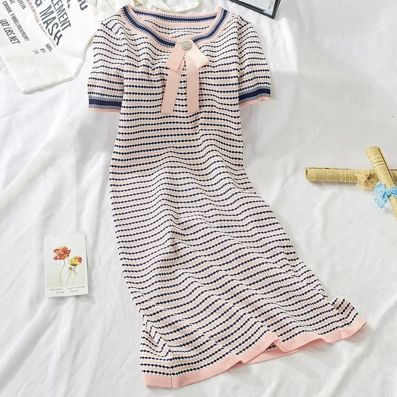 Toloer 2020 Summer New Preppy Style Striped Dress Vintage O Neck Bow Short Sleeve Dresses Korean Japanese Style Vestidos