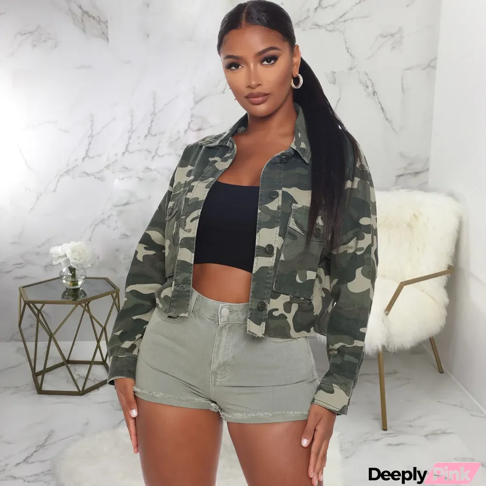 Camo Print Long Sleeve Denim Jacket Coat
