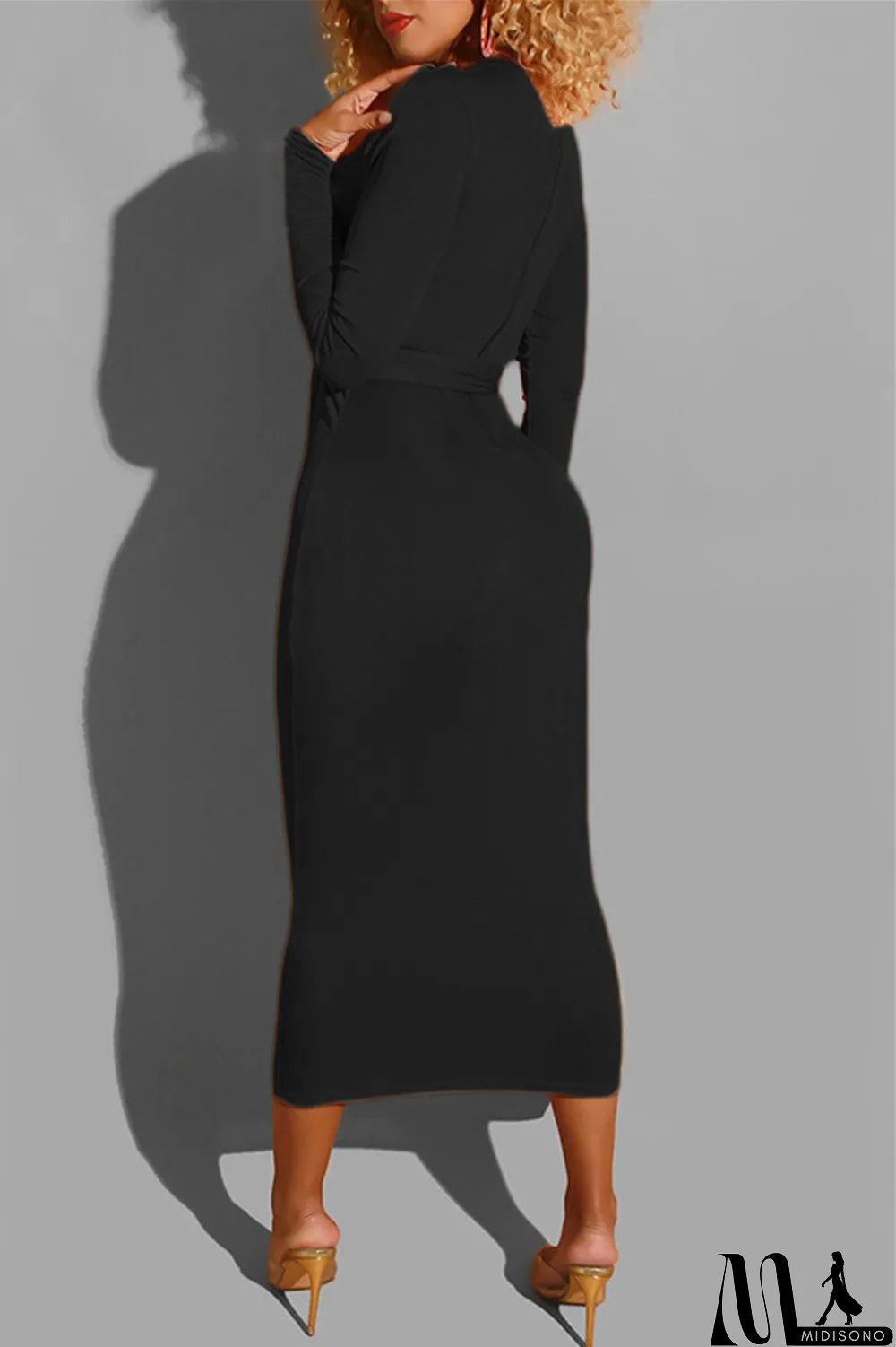 MidiSono - Deep Blue Fashion Casual Bandage O Neck Long Sleeve Dresses