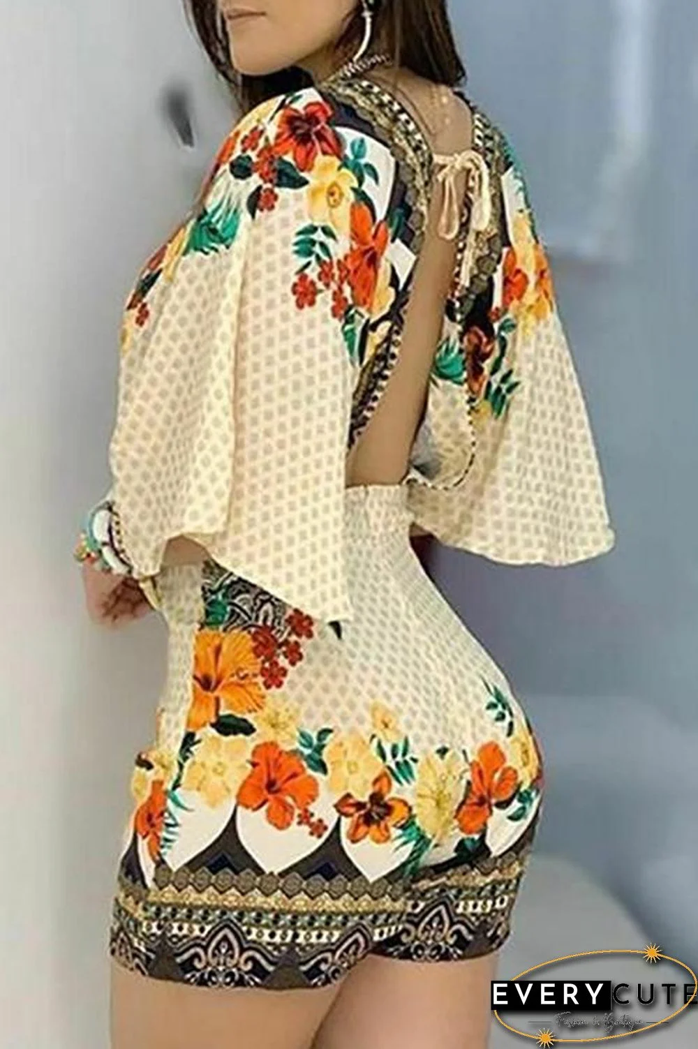 Print V Neck Bat Romper