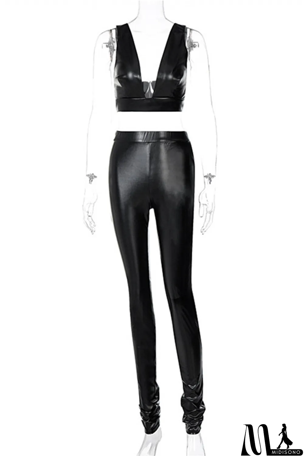 MidiSono - Black Fashion Sexy Solid Backless V Neck Sleeveless Two Pieces