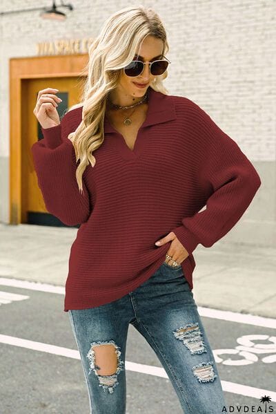 Ribbed Johnny Collar Pullover Sweater