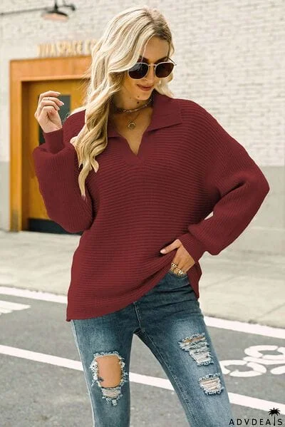 Ribbed Johnny Collar Pullover Sweater