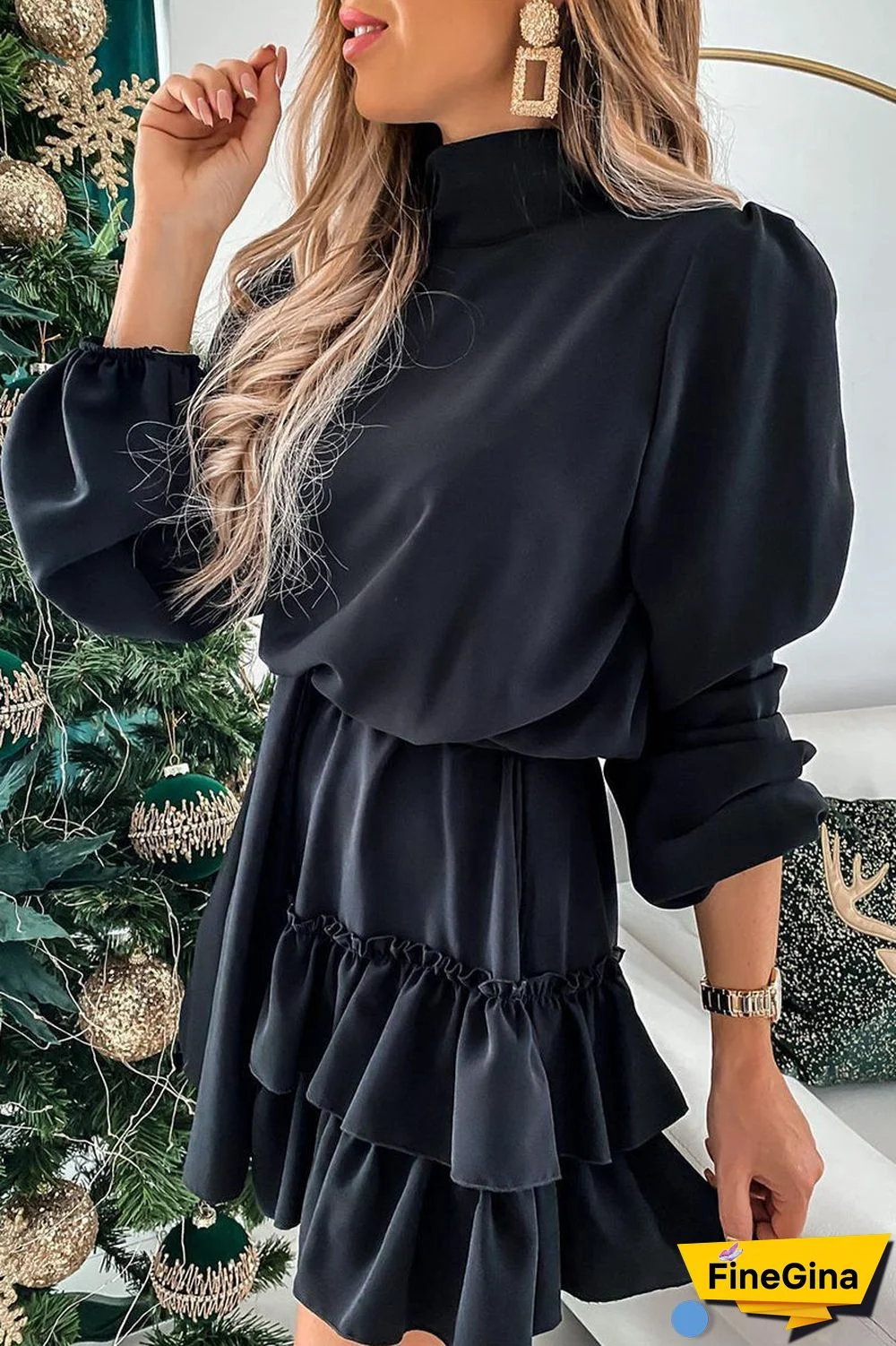 Elegant Solid Flounce Half A Turtleneck Cake Skirt Dresses