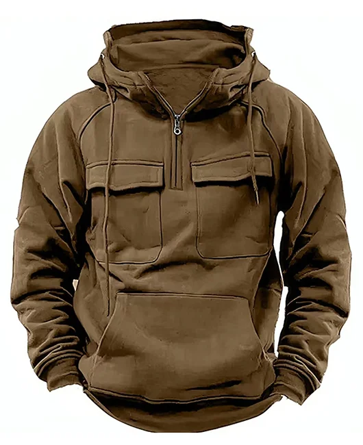 Casual Half Placket Chest Pocket Solid Drawstring Hoodie 