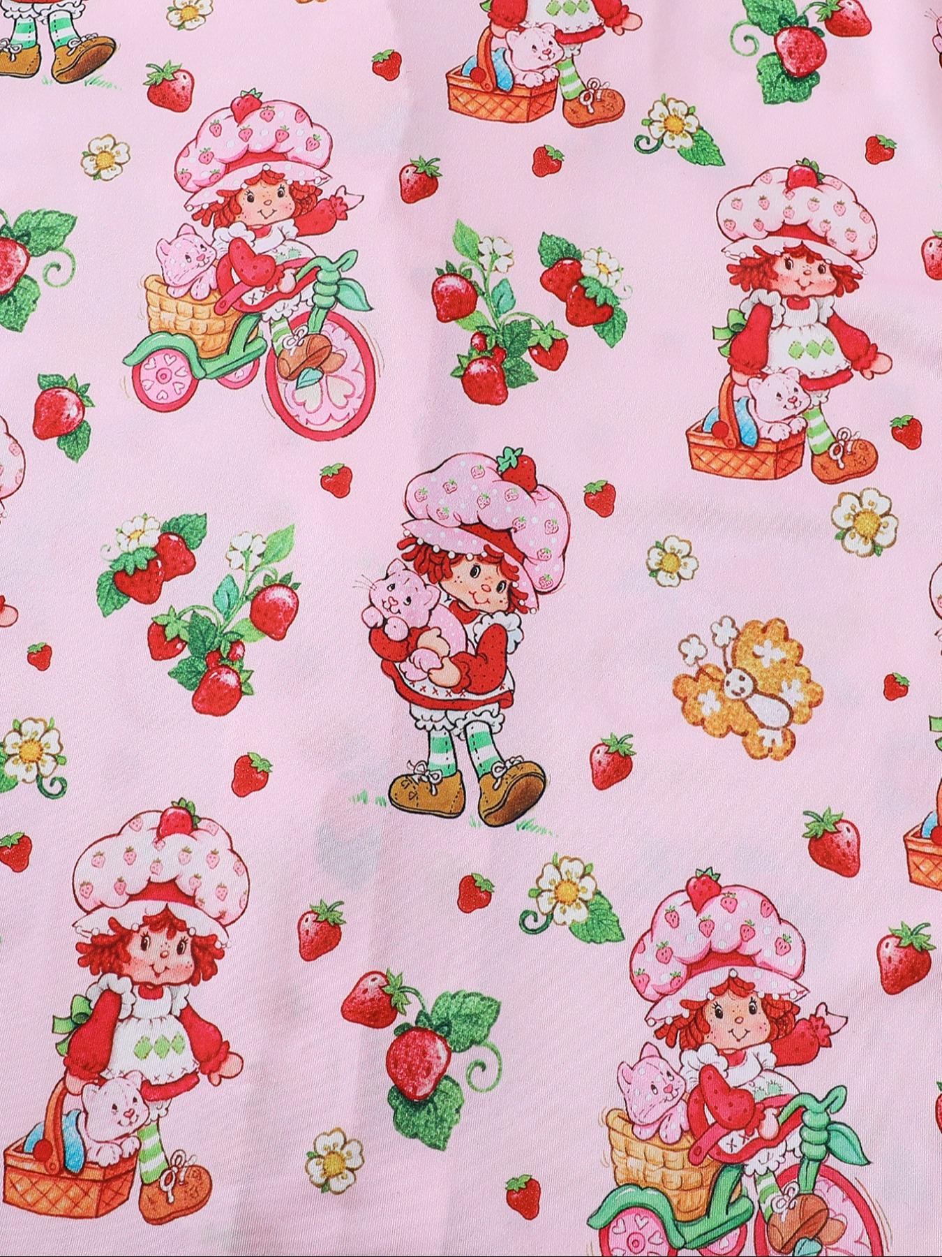 Women's Cute Strawberry Pattern Print Sleepwear Set, Long-Sleeve Button-Up Top & Elastic-Waist Pants, Casual Fall Winter Pajamas Pjs, Comfortable Home Wear Loungewear
