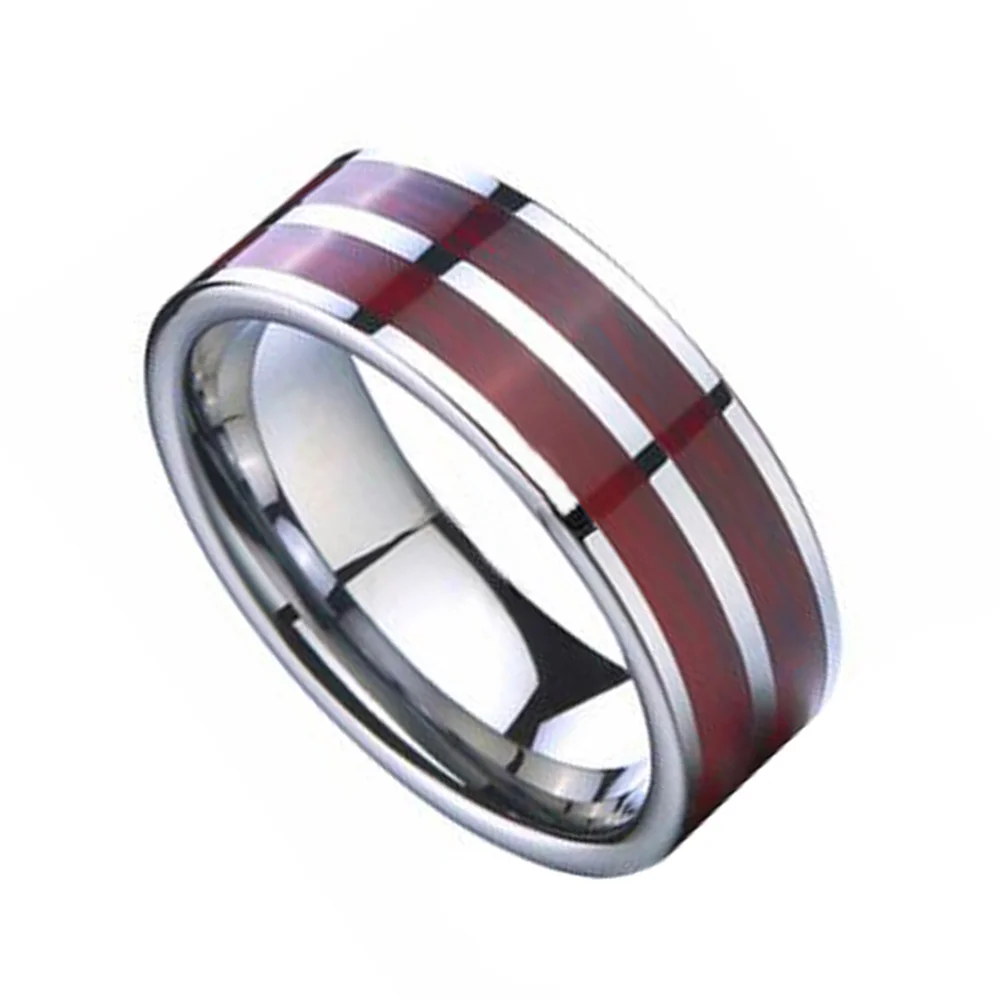 6MM 8MM Red Wood Inlay Tungsten Carbide High Polished Mens Rings Comfort Fit