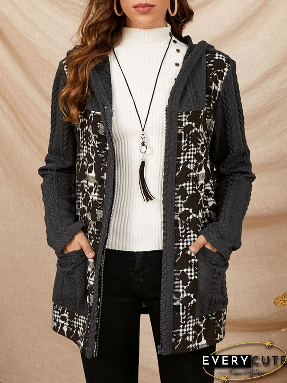 Vintage Check Cable Knit Pocket Zip Front Hooded Jacket