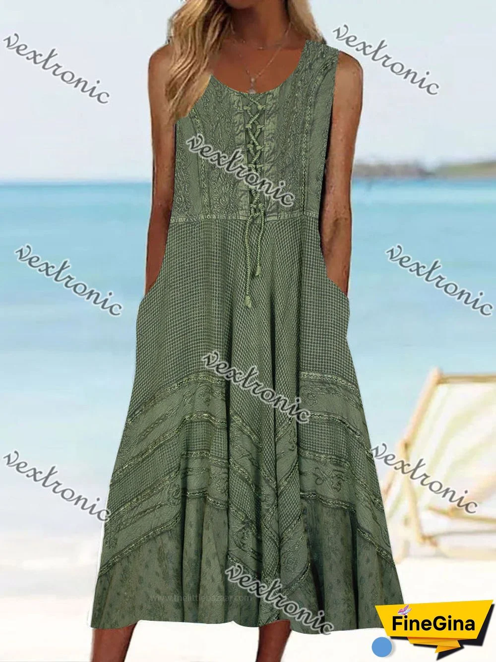 Women's Sleeveless Scoop Neck Pockets Graphic Printed Midi Dress