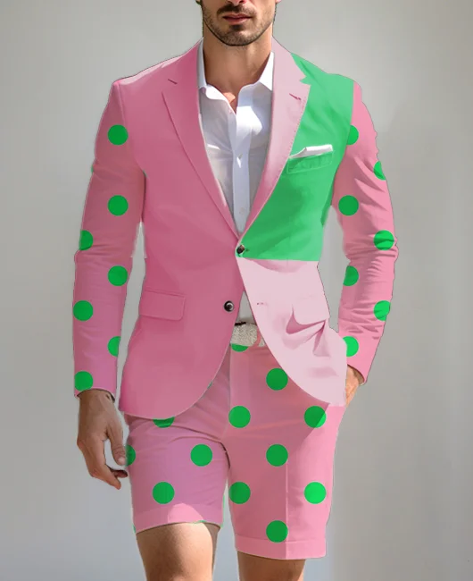 Casual Contrast Color Polka Dots Buttons Blazer & Shorts 2Pcs Set 