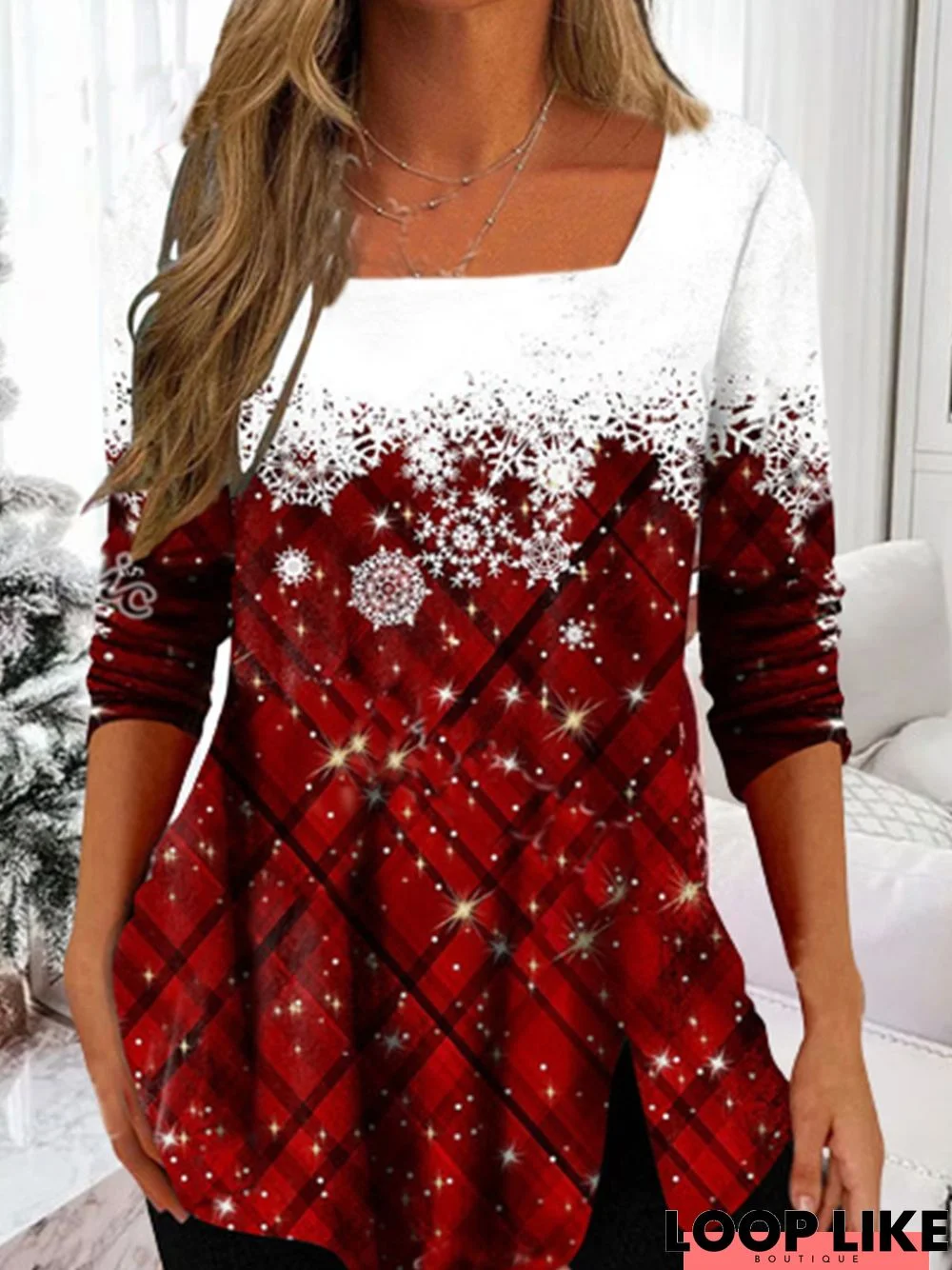 Christmas Square Neck Jersey Tunic T-Shirt