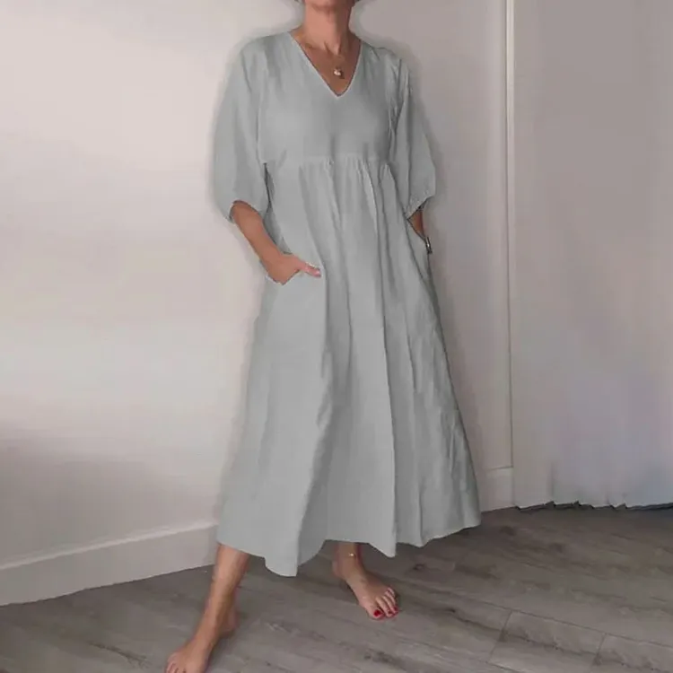 Casual Cotton Linen Deep V-neck Pleated Solid Color Pocket Dress