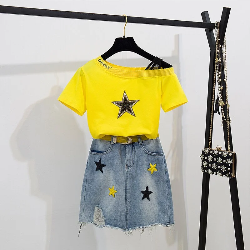 High Quality Summer Skirt Suits Women Yellow Sequined Stars Slash Neck T-shirt + Denims Embroidery Tassel Skirts Set