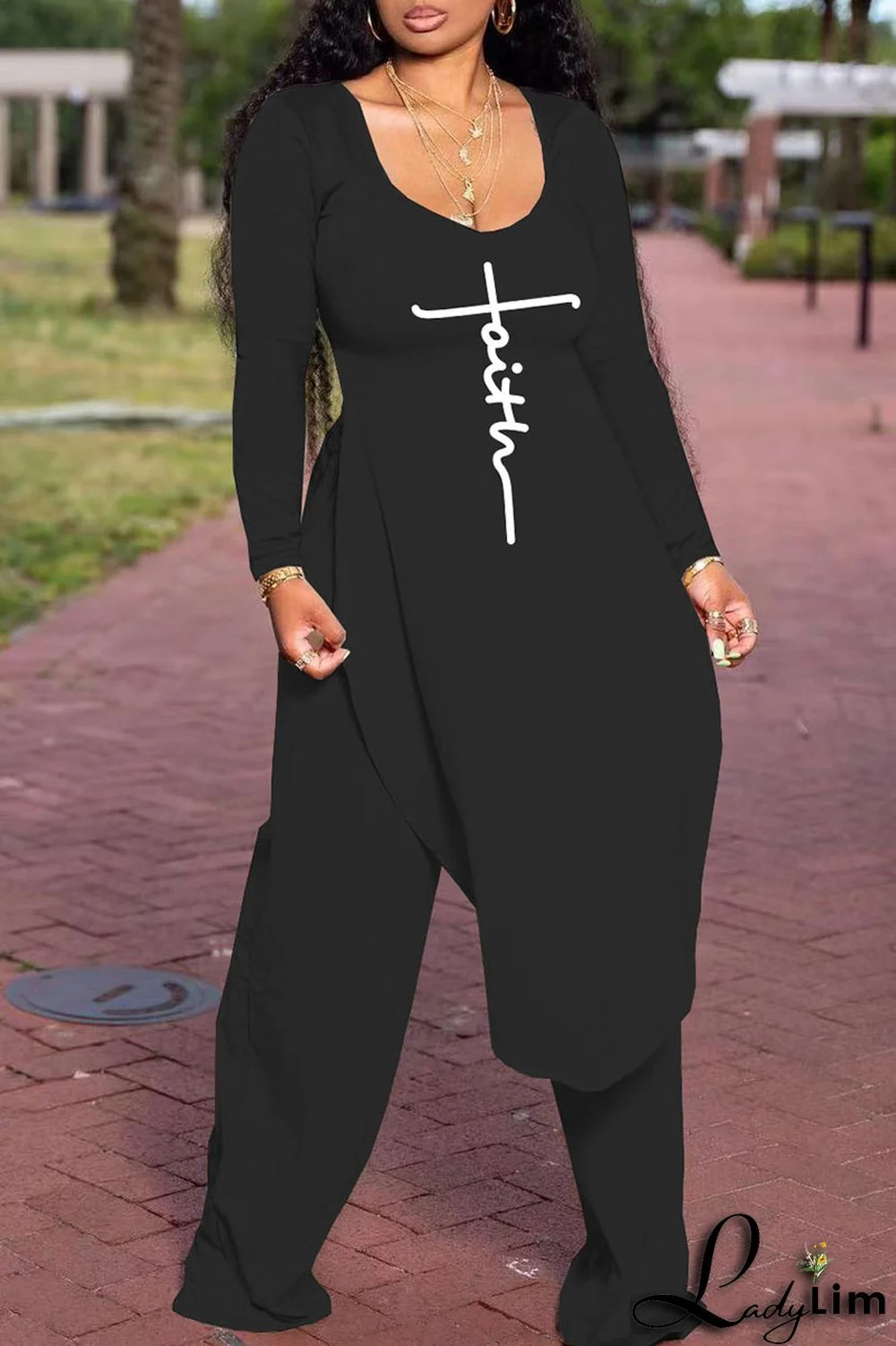 Burgundy Casual Print Patchwork Slit U Neck Plus Size Two Pieces