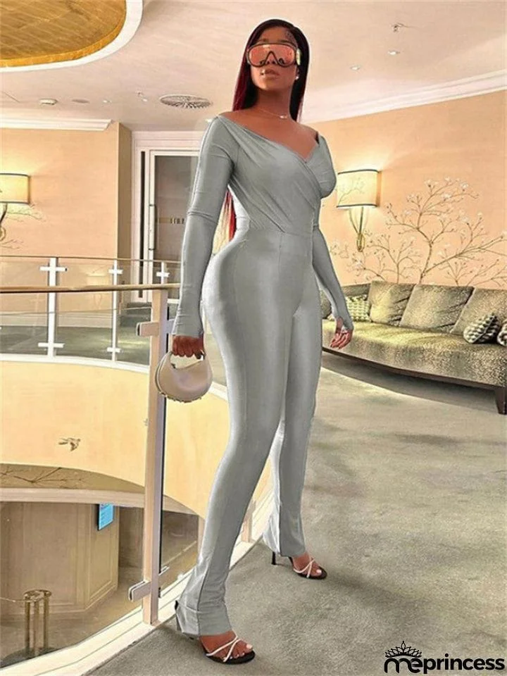 Ladies Sexy V Neck Pure Color Stretchy Shirt + Skinny Pants