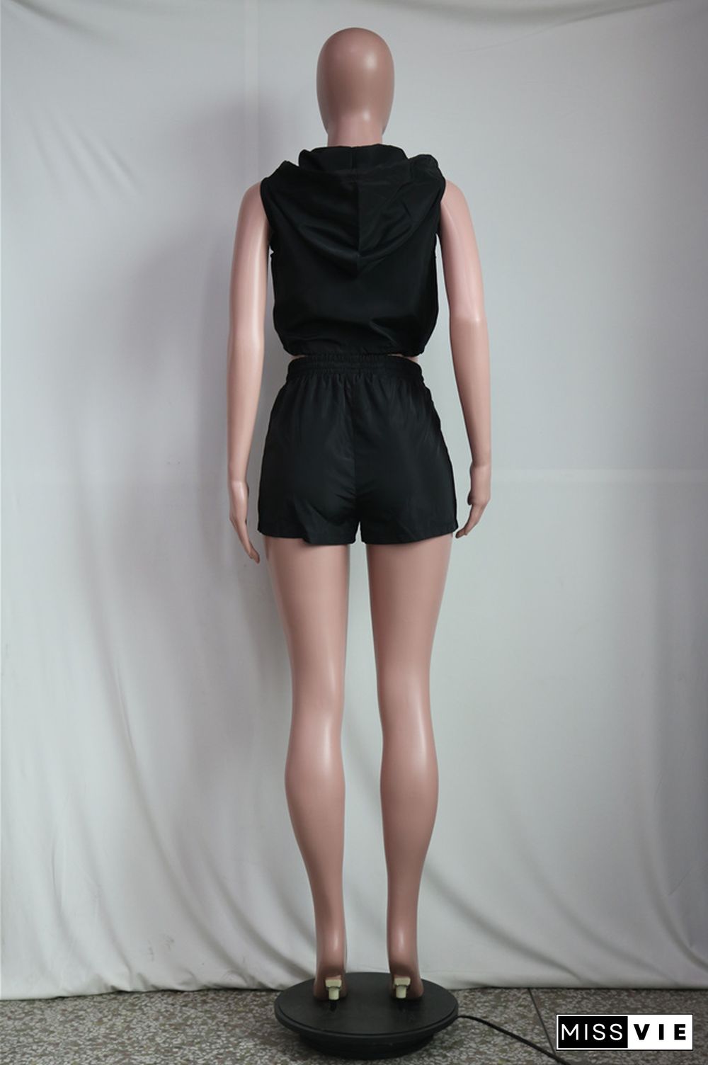Sleeveless Hooded Pullover Crop Top+Shorts Tracksuit