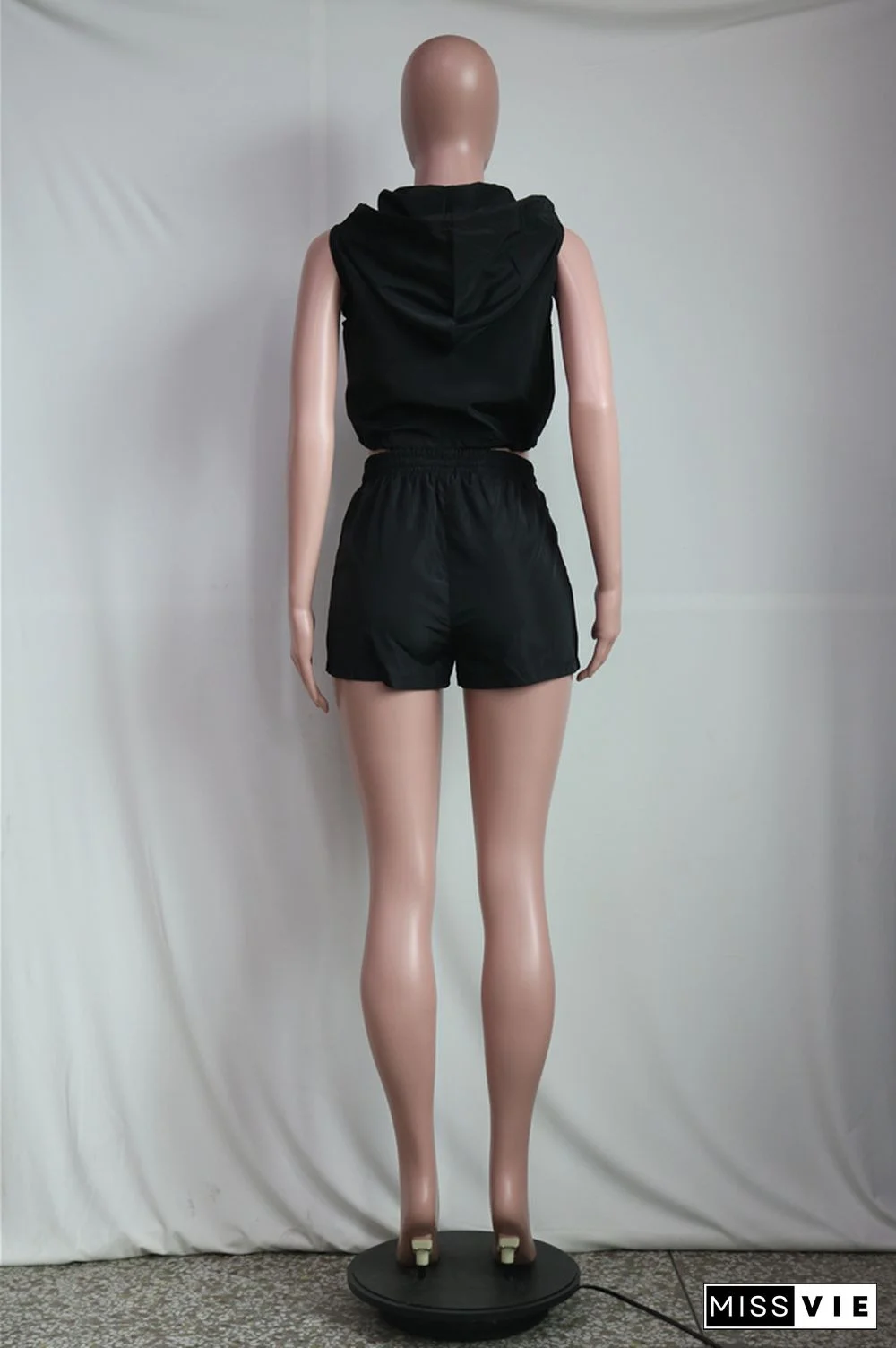 Sleeveless Hooded Pullover Crop Top+Shorts Tracksuit