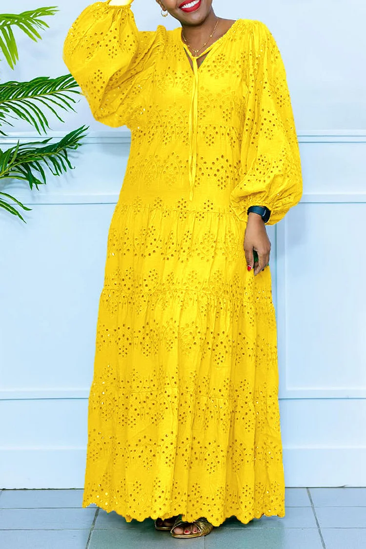 Plus Size Vacation Green Casual Hollow Puff Sleeve Long Sleeve Maxi Dresses 2024 - Xpluswear