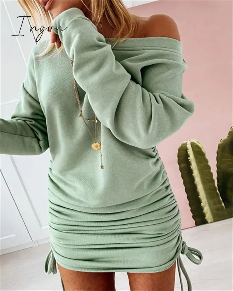 Ingvn - Women Sexy Mini Dress Casual Ruffled Drawstring Solid Pencil Autumn Long Sleeve Off