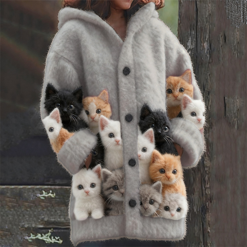 Lovely Fuzzy Cats Cozy Knit Hooded Cardigan wearshes