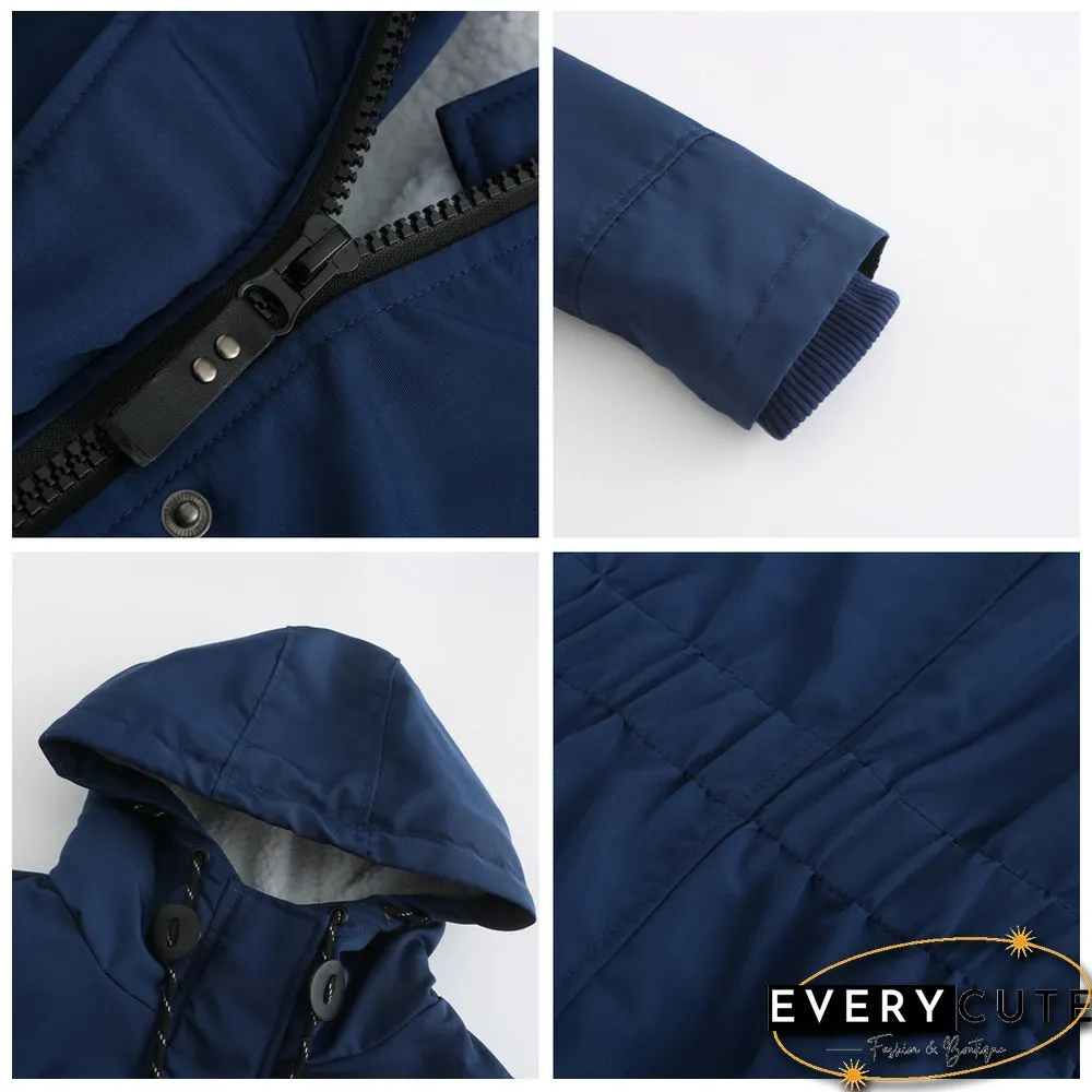 Navy Blue Plush Warm Hooded Parka Coat