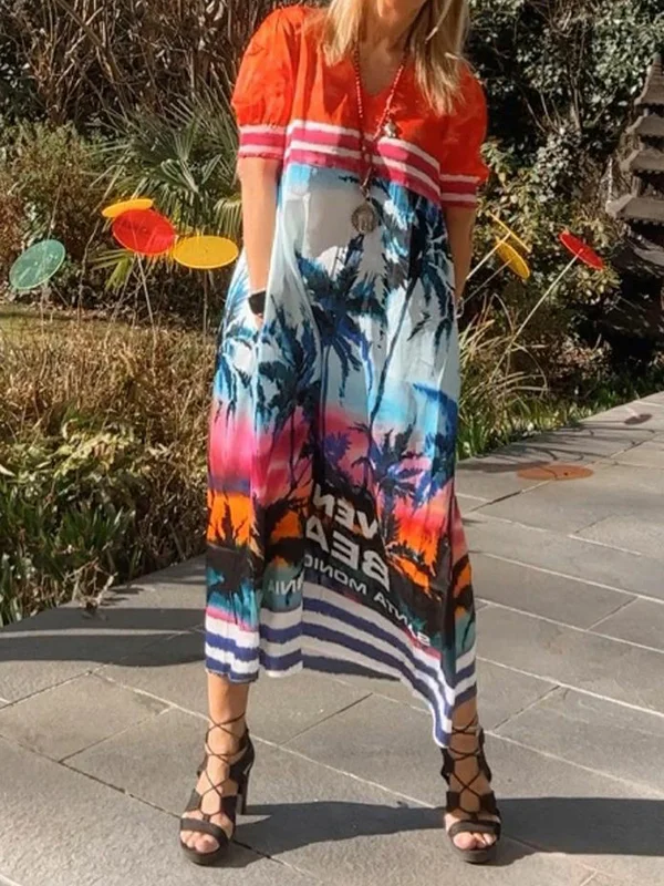 Contrast Color Floral Printed Short Sleeves Round-Neck Maxi Dresses