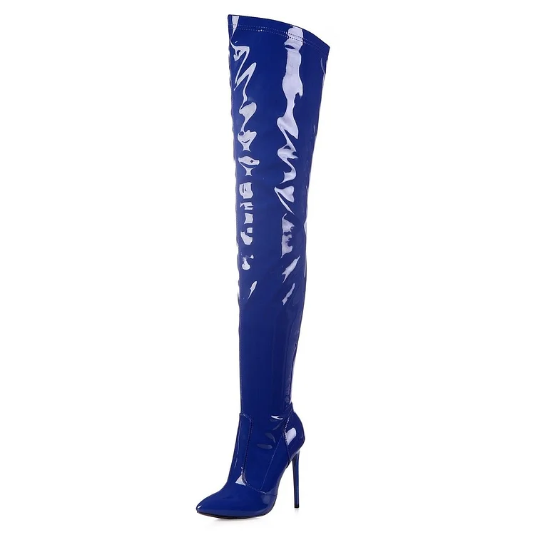 Navy Patent Leather Thigh High Heel boots |FSJ Shoes