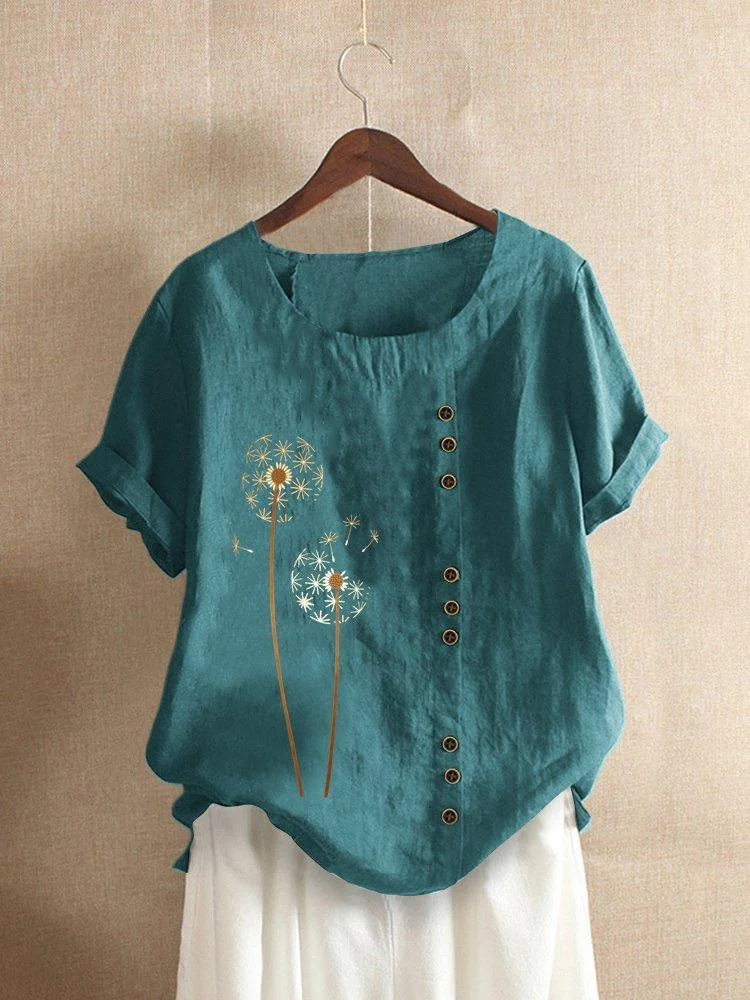 Short Sleeve Crew Neck Floral Cotton-Blend Shirts & Tops