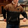💥 2025 Hot Sale!Men's Western Fleece Jacket Cowboy Bull Head Print Pullover 1/4 Zip Stand Collar LongSleeve Sweatshirts