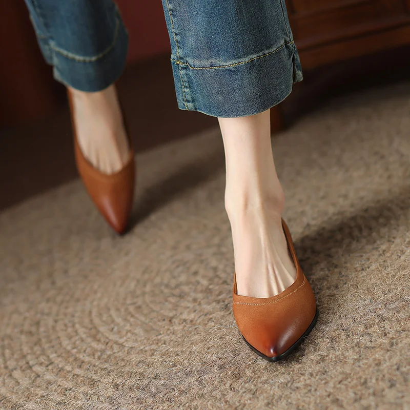 Breakj Breakj Retro Wiping Pointy Light-Mouthed Single-Shoe Women 2025 New Comfortable Soft Leather Thick Heel Low-Heeled Single Shoes