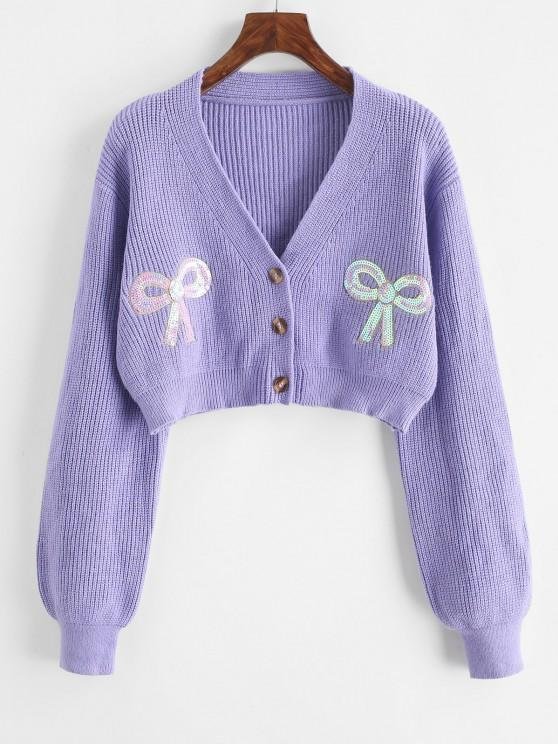 Button Up Bowknot Sequins Cropped Cardigan