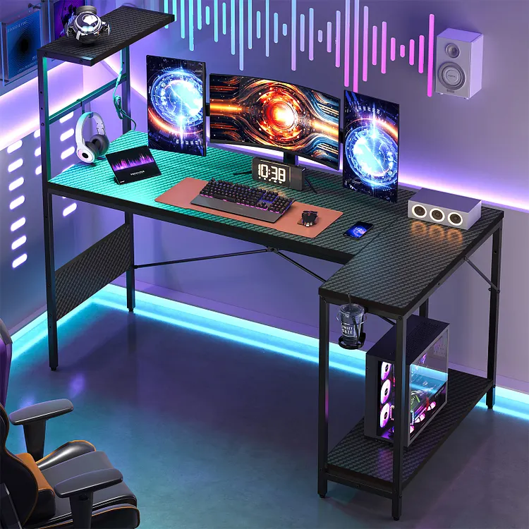 RSPGAME 57 Inch Gaming Desk featuring RGB LED Lights & Extra Large Space, Reversible L-Shaped Desk with Hook, Cup Holder & Display Shelf Hutch, Home Office Desk, Carbon Fiber Black