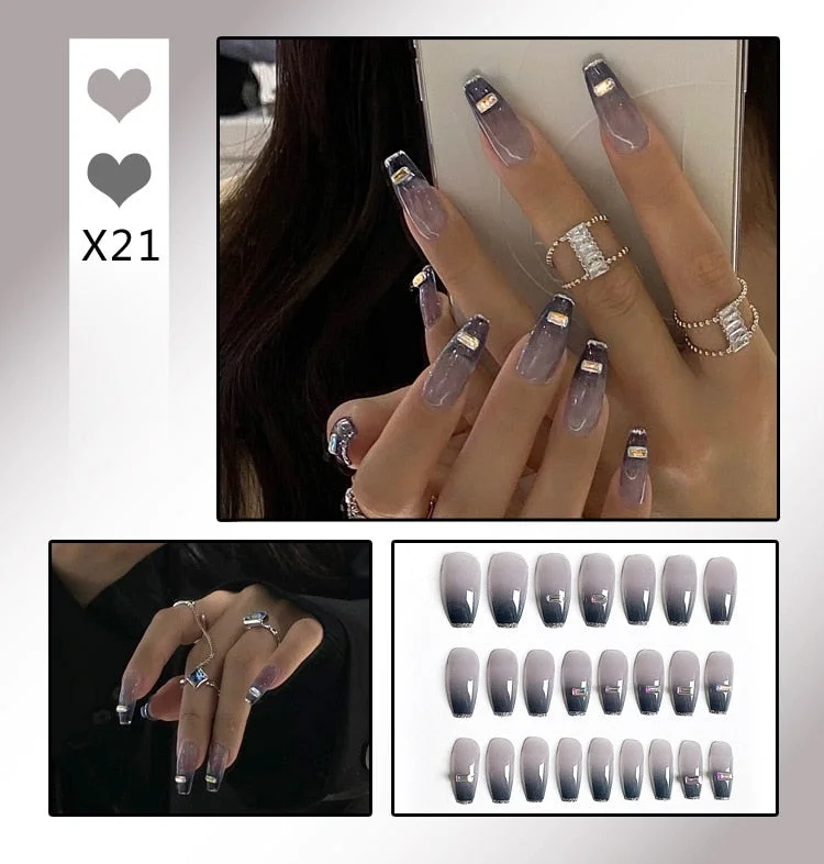 Aurora Transparent Fake Nails Tips for Finger Wear Crystal Ice Clear Butterfly Press on Nails Long Bow Ballet Diamond False Nail-Nail Inspo