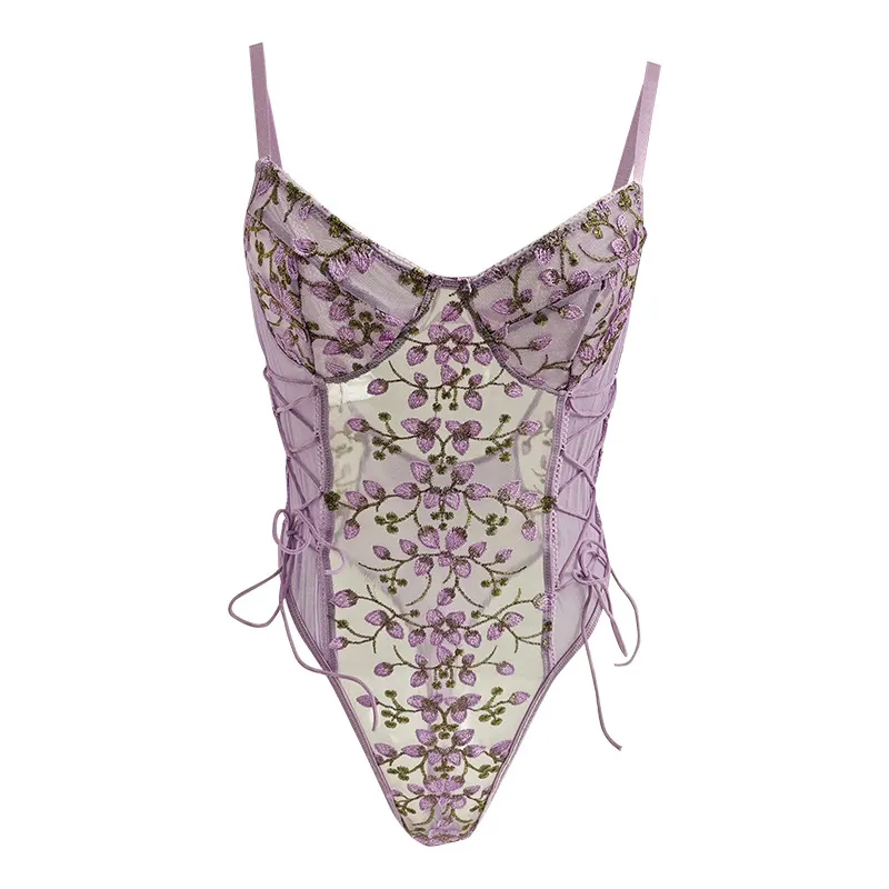 Churchf Churchf New Hot Style Mesh Embroidery Sexy Lace Transparent Back Drawn Rope Slim Waist Jumpsuit Woman