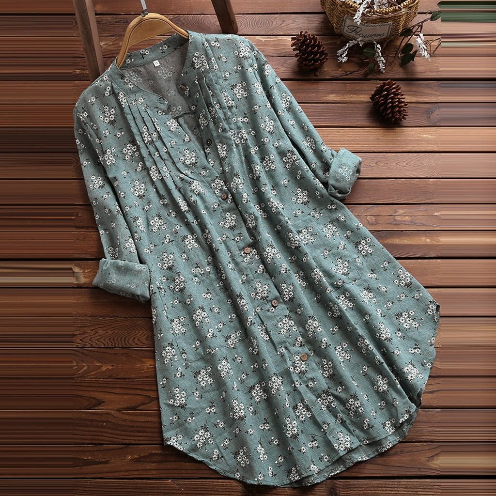 Floral Print Blouse Women V-neck Pleated Long Sleeve Casual Tops Shirt Blouse Chemisier Femme Plus Size Women Tops And Bloues