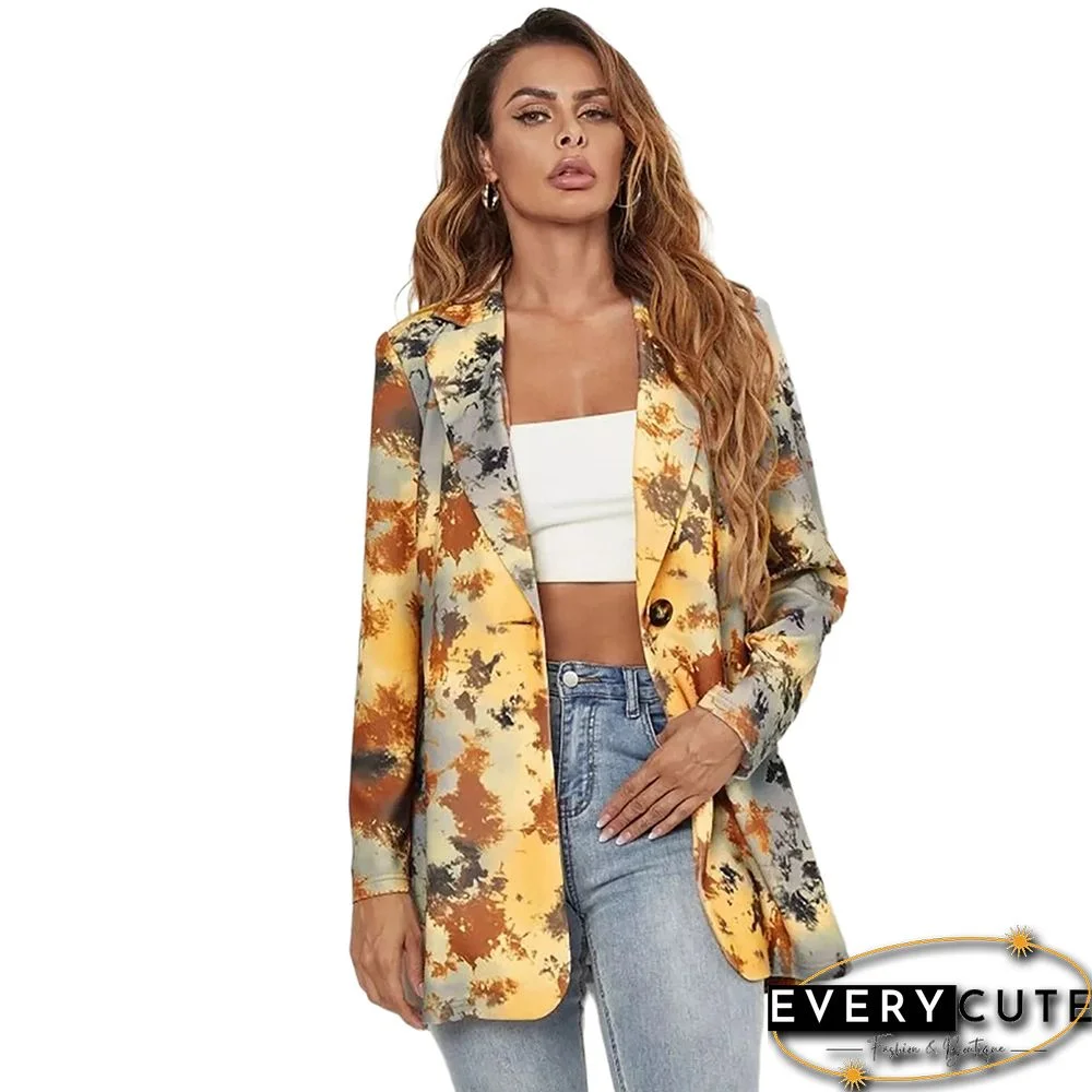 Yellow Printed Single Button Cotton Blend Blazer