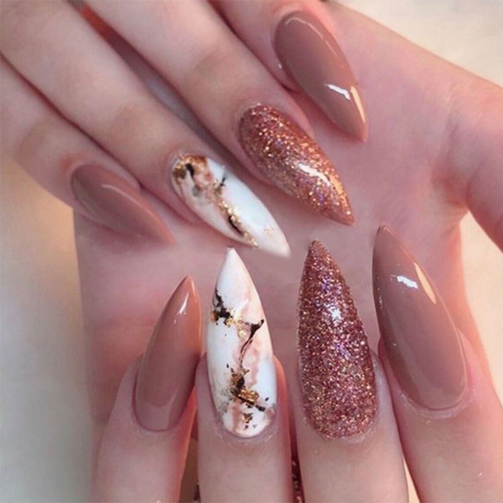 24Pcs Artificial Glitter Pink Graffiti Detachable Long Almond False Nails Wearable Fake Nails Full Cover Nail Tips Press Glue