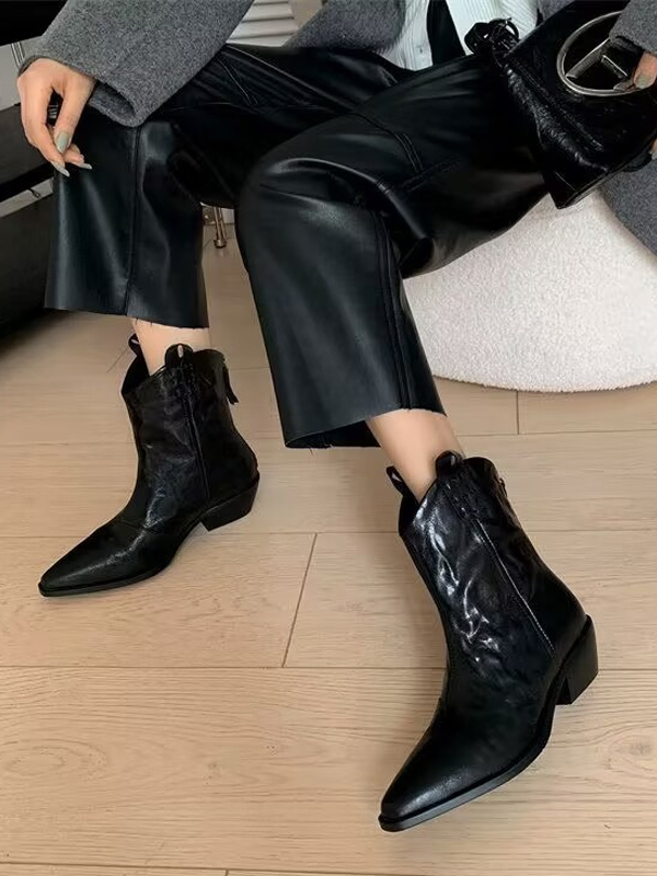 Retro Soft Leather Chunky Heel Western Cowboy Boots hjn Shicloths